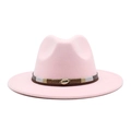 Detailed view of pink wool fedora hat featuring a multicolor band with a gold shell accent - Pink