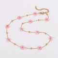 Minimalist gold necklace with pink flower beads and small golden circular pearls - Pink-Necklace