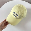 Close-up detail of blue embroidered Lively and Active text on a yellow nylon baseball cap - M (56-58cm) / Yellow