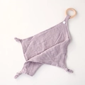 Purple muslin baby security blanket with natural wooden ring and knotted corners - Purple