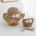 Detail of woven straw sun hat and matching bag set with elegant rose and pearl accents - Coffee Set