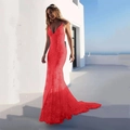 Vestido de noche sirena de encaje rojo con escote en V profundo y tirantes finos - S / Rojo
