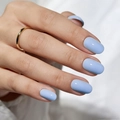Glossy sky blue almond press-on nails set with a minimalist gold ring detail - Sky Blue Mirror Gloss Style (CW519) / 24 Pcs/Set