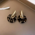 Detail of gold hammered metal and round leopard print acrylic earrings on a tray - 14# 925 Sterling Silver Earring Post - Gold - Brown Round