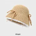 Sweet khaki knitted cloche hat with white lace trim and ribbon bow detail for women - M (54-58cm) / Khaki