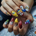 Colorful cartoon press-on nails featuring vibrant multi-color character head patterns - Bz1494 Cartoon Era / Jelly Glue + Nail File
