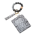 Silicone bead keychain wristlet with black and white spotted card holder and tassel charm - White Leopard