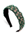 Handmade headband with green and champagne gold beads woven on a black fabric base - Retro Floral Pattern (Series 14-1)