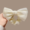 Creamy white satin bow hair clip with glossy pleated texture for girls and women - 183 Bowknot Hair Rope [Off-white]