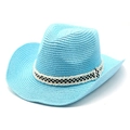 Klassischer hellblauer Stroh-Cowboyhut mit schickem schwarz-weißem Karomuster-Schleifenband - M (56-58cm) / Seeblau
