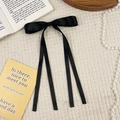 Elegant long black satin ribbon bow hair clip with a French vintage aesthetic look - Black