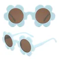 Kids sunflower shaped sunglasses with light blue frames and round brown lenses - P5-Bright Blue Flower Frame