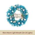 Corona navideña azul 40cm con adornos plateados y luces LED de 3m blanco cálido - Azul Luz Cálida-40cm