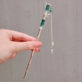 Elegant gold bamboo hair pin with green segments and beaded tassels for traditional hairstyles - F0595-Bamboo Tassel Gold
