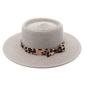 Flat top straw sun hat with leopard print ribbon and bow for summer beach vacation - M (56-58cm) / Gray