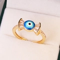 Adjustable golden evil eye ring with blue enamel and sparkling cubic zirconia stones - Symmetrical Enamel Eye Style