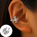 Silver cross-shaped ear cuff with sparkling zircons and a non-piercing U-shaped clip - White K - Cross Flower Shape Style (WG-0496)