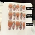 Sparkly pink press-on nails set with glitter stars and crystals in various shapes - Extra Small XS / 3305-Short Oval