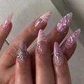 Rosa Stiletto-Nägel zum Aufdrücken mit 3D-Silberschleifen, Perlen und Y2K-Flüssigkunst - 3D-Schleife Lange Stilettform / Rosa mit gelbem Gelee-Kleber + Feile
