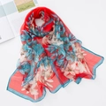 Soft georgette scarf in red with blue and beige floral patterns and blue borders - Red & Blue