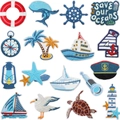 Detailed macro view of 16 nautical embroidery patches including sea turtles and anchors - Nautical Series (X12HG-152-YT) / 18-Piece Set