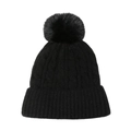 Close-up of black cable knit winter hat featuring a large faux fur pompom and ribbed cuff - M (56-58cm) / Black