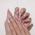 Uñas postizas de ojo de gato rosa forma almendra larga con diseño de lazo en 3D - Estilo de Lazo de Ojo de Gato de Color Púrpura Rosado (Y-401) / Tipo de Pegamento