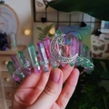 Natural crystal rainbow crown with purple and green stones and silver crescent moon - Rose Red Green