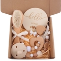 Newborn gift set with wooden brush, heart teether, pacifier, and Hello World card - White 5-Piece Set
