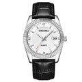 Quartz watch with silver case, black leather strap, and white dial for men and women - Black Strap Silver Case White Dial Men's