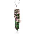 Hexagonal ruby zoisite pendant with vintage silver flower wrap and thin chain - Ruby Zoisite