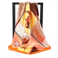 Silky satin square scarf with vintage carriage print and horse patterns in warm orange - Geometric Steed Yellow (SD90-21-3)
