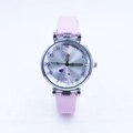Detailed view of pink strap quartz watch with silver dial and heart illustration - Pink