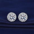 Classic silver stud earrings with a large round diamond and halo diamond cluster - White Diamond [one Carat] Led-80