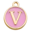 Pink enamel round pendant with gold letter V for DIY jewelry bracelets making - Double-Sided Letter V / 1 Piece (12x14mm) / Pink