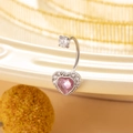 Silver curved barbell belly ring with pink heart crystal and clear gemstone accents - Pink
