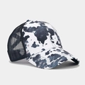 Detail of cow print mesh baseball cap with breathable net and curved brim design - Style 27-Black White Cow Splatter