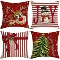 Set of 4 Christmas pillow covers with reindeer and snowman patterns for sofa decor - Red Green Classic Snowman Reindeer Set