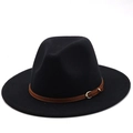 Detail of classic black wool fedora featuring a brown leather belt with gold buckle - Black