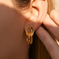 Chic 18K gold plated overlapping heart-shaped dangle earrings for women on model - Intertwined Rings - Gold (KE0467)