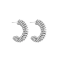 Macro detail of silver C-shaped spiral hoop earrings with a polished mirror finish - Spiral C-Shape Style 02 / Silver