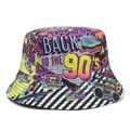 Sombrero de pescador Panama con vibrante estampado retro de animales y letras - M / Estampado de regreso a los 90