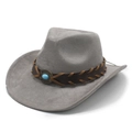 Macro view of grey suede fedora hat with turquoise stone and braided leather band - M (56-59cm) / Gray (Suede)