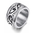 Vintage stainless steel wide ring with relief scroll pattern and brushed inner finish - US 13 / Silver