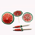 Watermelon pattern cocktail umbrellas with wooden sticks for fruit and cake decoration - 10cm Watermelon Umbrella Pick