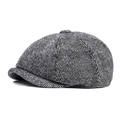 Classic newsboy cap in gray herringbone tweed fabric with a button top detail - Adjustable / Chevron / Light Gray
