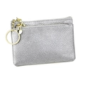 Genuine leather silver mini coin purse with double zippers and metal key ring loop - Silver