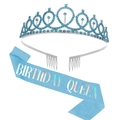 Birthday Queen set featuring a silver crown with blue rhinestones and a blue glitter sash - Set 26 (Blue Rhinestone Tiara + Blue Sash)