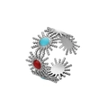 Detail view of adjustable sunburst ring with turquoise and red stones on white background - Silver Ethnic Sun (J520-2)