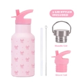 Pink stainless steel sport bottle set with bow pattern, two lid styles, and cleaning brush - 350ml / Light Pink 1C